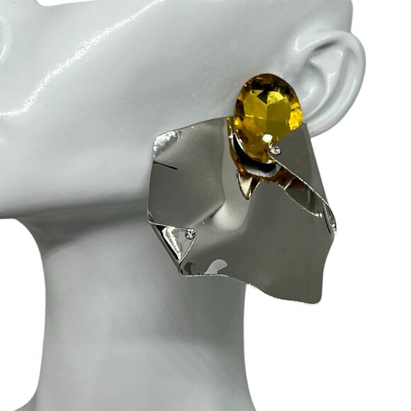 Modernist Sculptural Citrine Crystal Silver Statement Earring Avant-Garde Runway - Picture 1 of 12